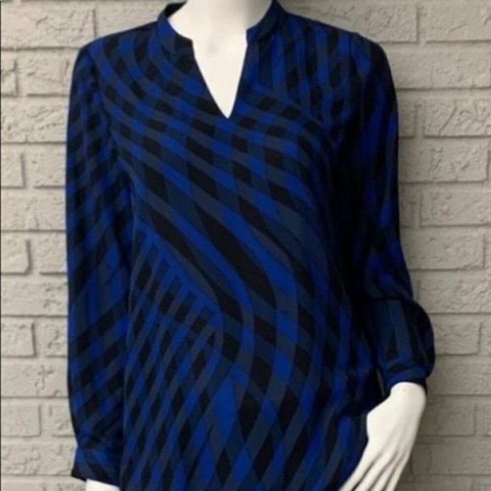 Vince Camuto Women Blue/Black Stripe long Sleeve Hi-Low Blouse Size S